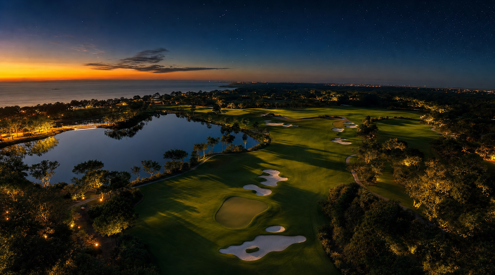 Aerial view of a pristine golf course at dusk